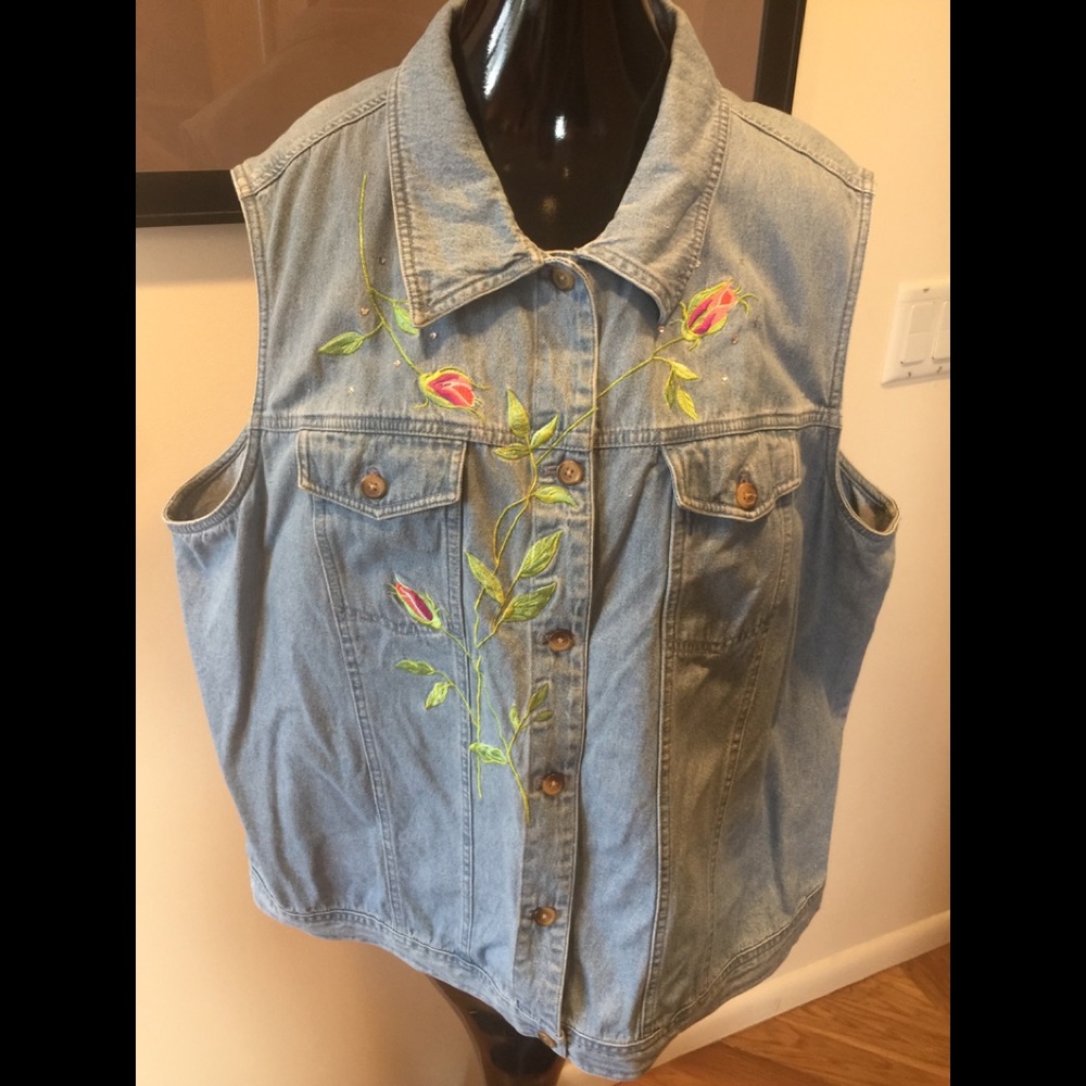 QUACKER FACTORY FLOWER RHINESTONE JEAN VEST SZ 2X